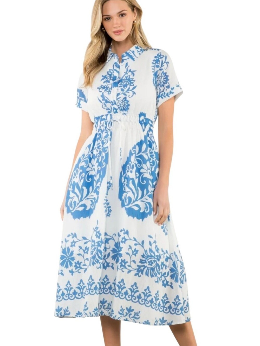 THML Sara Shirt Midi Dress Sz L White Blue Button Up Drawstring Coastal Resort